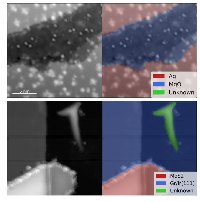 Neural-network segmentation of STM topographies into substrate, insulating film and unknown regions